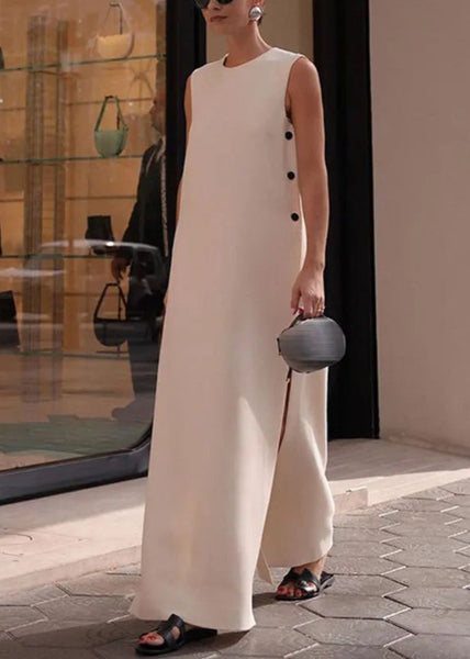 Long Dresses Loose Side Solid Open Sleeveless Cotton White FashionChic