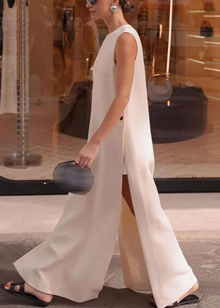 Long Dresses Loose Side Solid Open Sleeveless Cotton White FashionChic