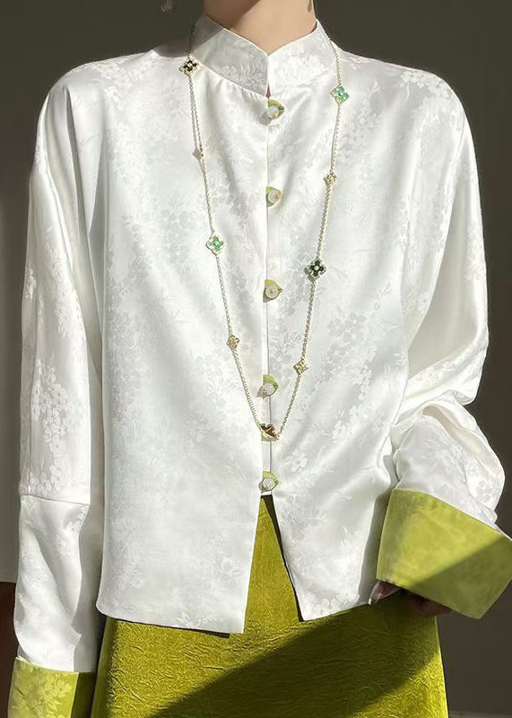 Loose White Stand Collar Button Silk Shirt Long Sleeve AB1055 Genistyle Shop