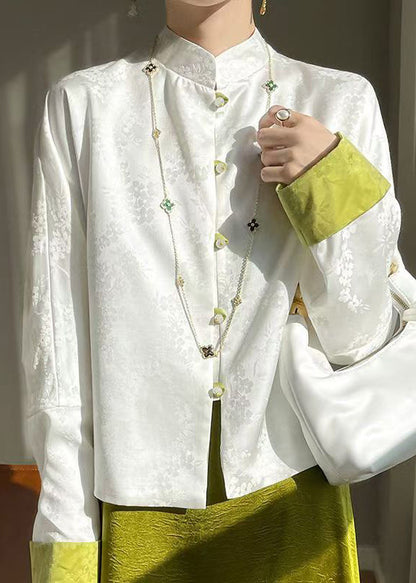 Loose White Stand Collar Button Silk Shirt Long Sleeve AB1055 Genistyle Shop