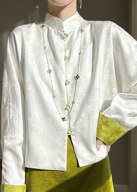 Loose White Stand Collar Button Silk Shirt Long Sleeve AB1055 Genistyle Shop