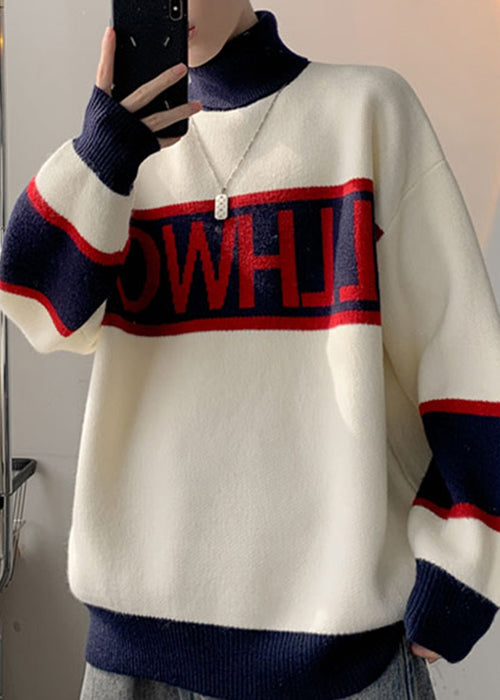 Loose White Turtleneck Letter Patchwork Knit Men Sweater Winter RJ048 ABC