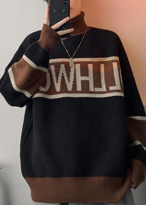 Loose White Turtleneck Letter Patchwork Knit Men Sweater Winter RJ048 ABC