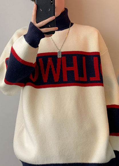 Loose White Turtleneck Letter Patchwork Knit Men Sweater Winter RJ048 ABC