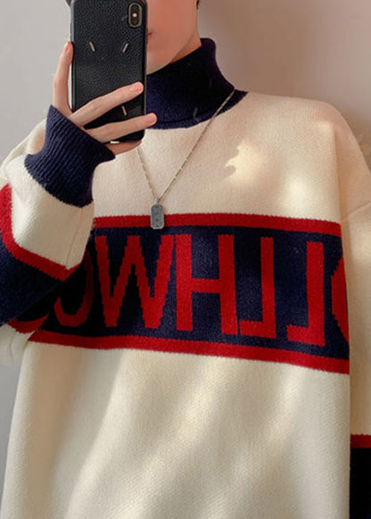 Loose White Turtleneck Letter Patchwork Knit Men Sweater Winter RJ048 ABC