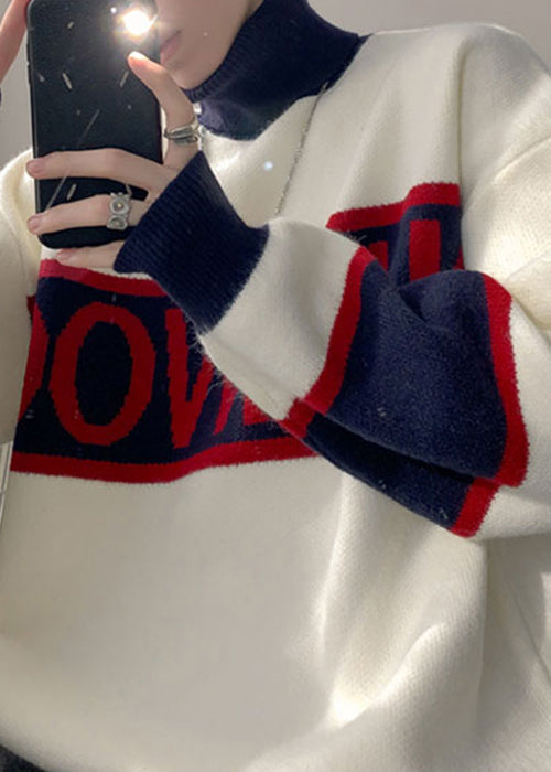 Loose White Turtleneck Letter Patchwork Knit Men Sweater Winter RJ048 ABC