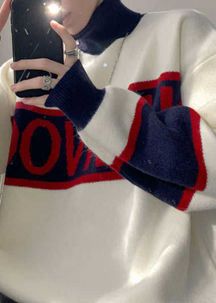 Loose White Turtleneck Letter Patchwork Knit Men Sweater Winter RJ048 ABC