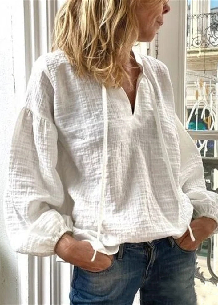 Loose White V Neck Lace Up Solid Linen Blouses Long Sleeve FF035 MZF-LTP240607