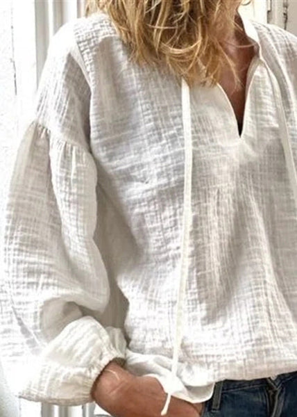 Loose White V Neck Lace Up Solid Linen Blouses Long Sleeve FF035 MZF-LTP240607