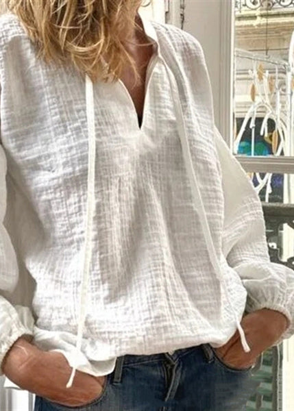 Loose White V Neck Lace Up Solid Linen Blouses Long Sleeve FF035 MZF-LTP240607