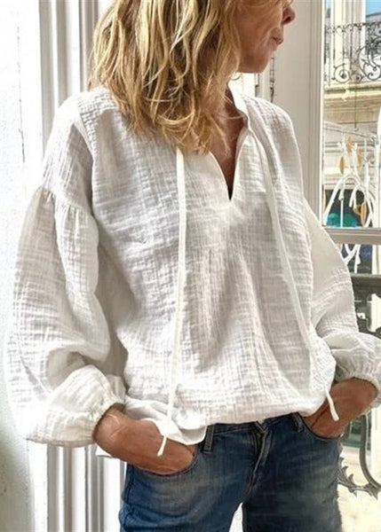 Loose White V Neck Lace Up Solid Linen Blouses Long Sleeve FF035 MZF-LTP240607