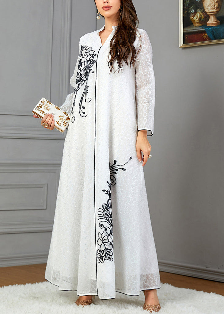 Loose White V Neck Print Cotton Dresses Long Sleeve AA1047 Ada Fashion
