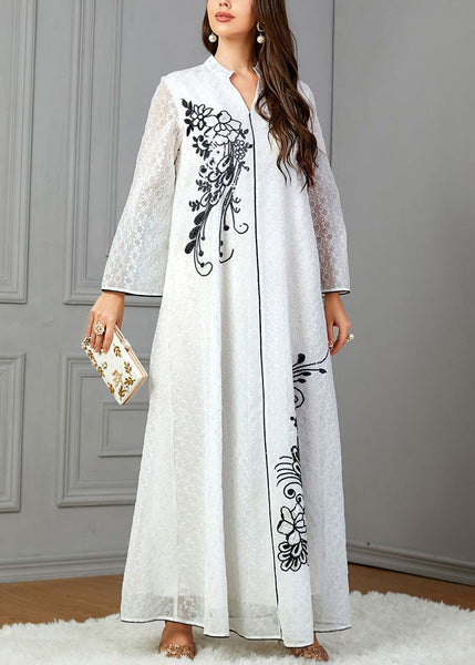 Loose White V Neck Print Cotton Dresses Long Sleeve AA1047 Ada Fashion
