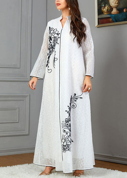 Loose White V Neck Print Cotton Dresses Long Sleeve AA1047 Ada Fashion