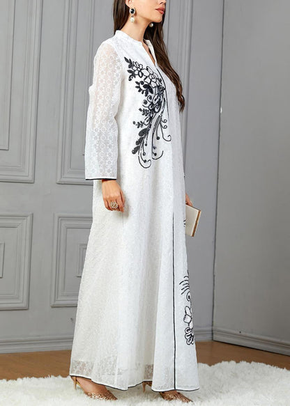Loose White V Neck Print Cotton Dresses Long Sleeve AA1047 Ada Fashion