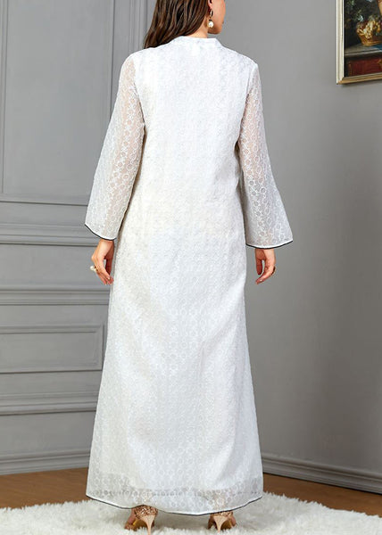 Loose White V Neck Print Cotton Dresses Long Sleeve AA1047 Ada Fashion