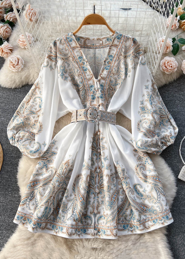 Loose White V Neck Print Cotton Mid Dress Long Sleeve TR052 ZS-FDM240730