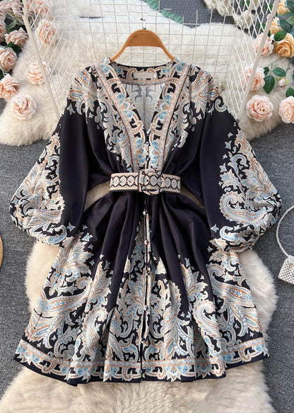 Loose White V Neck Print Cotton Mid Dress Long Sleeve TR052 ZS-FDM240730