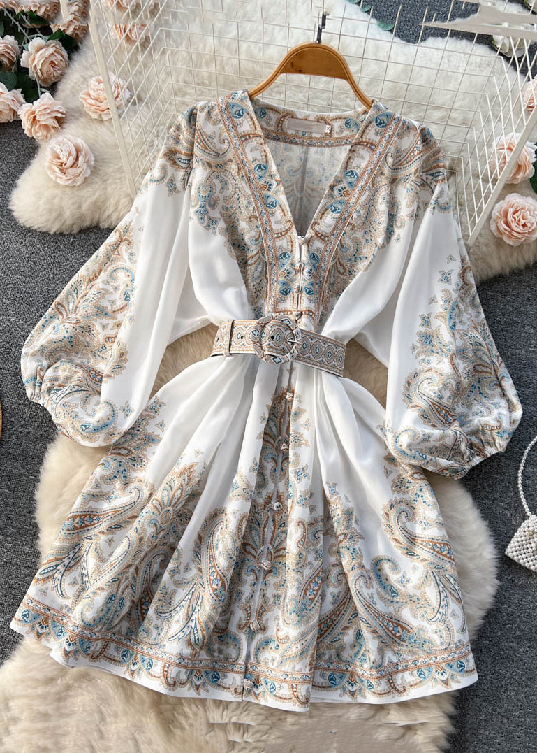 Loose White V Neck Print Cotton Mid Dress Long Sleeve TR052 ZS-FDM240730