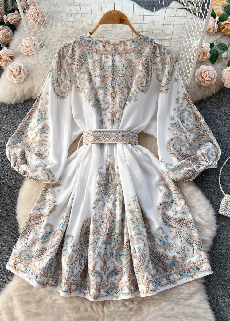 Loose White V Neck Print Cotton Mid Dress Long Sleeve TR052 ZS-FDM240730