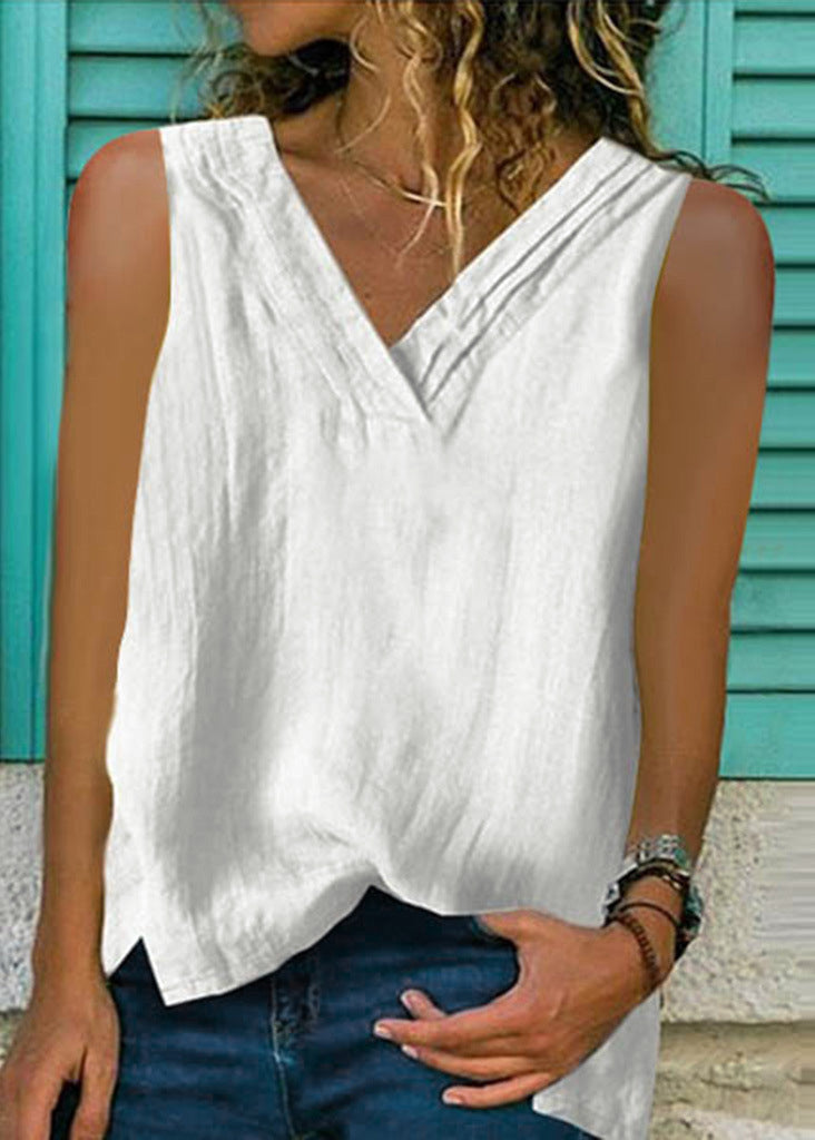 Loose White V Neck Solid Cotton Top Sleeveless FF052 MZF-VTP240607