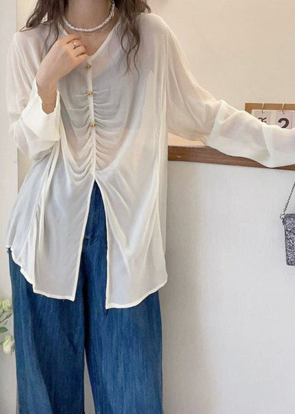 Loose White V Neck Wrinkled Cotton Shirts Fall QF055 Men-LTP241016