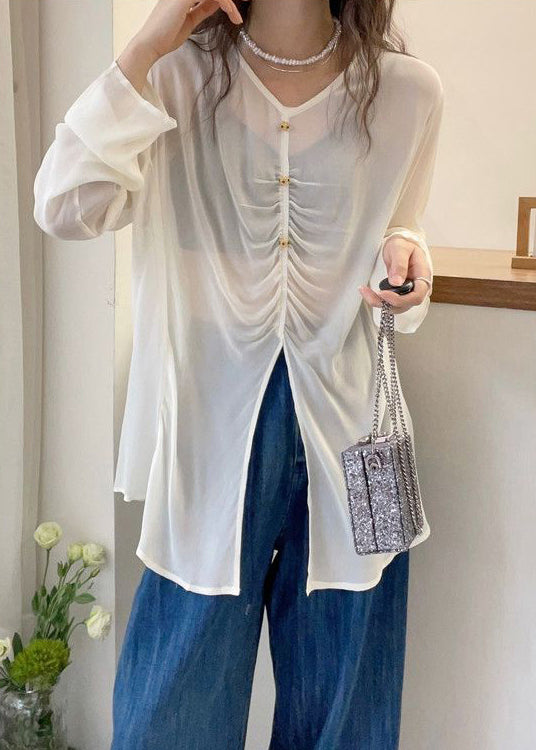 Loose White V Neck Wrinkled Cotton Shirts Fall QF055 Men-LTP241016