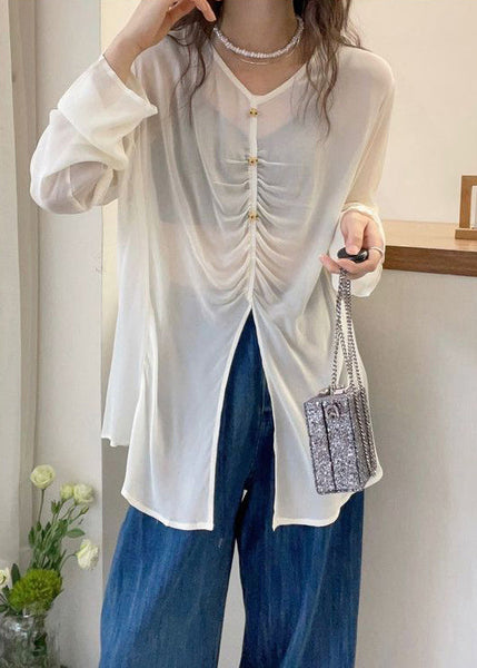 Loose White V Neck Wrinkled Cotton Shirts Fall QF055 Men-LTP241016