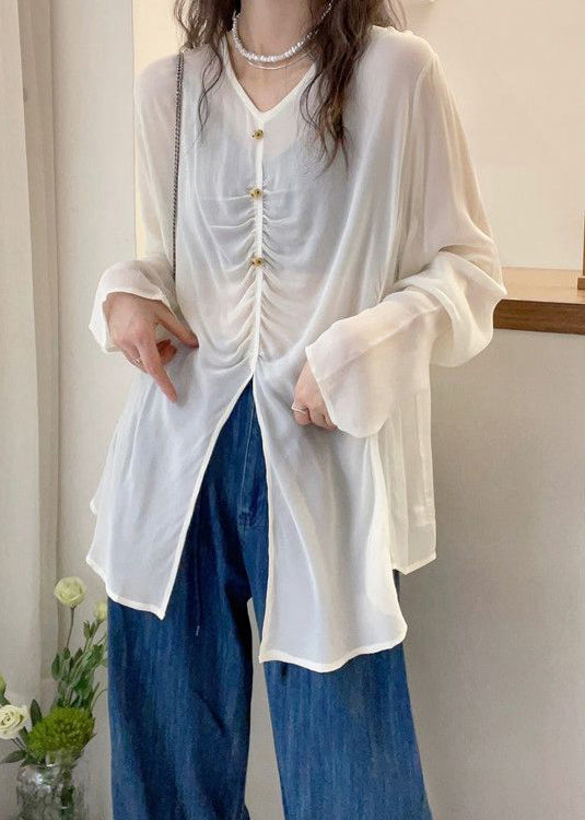 Loose White V Neck Wrinkled Cotton Shirts Fall QF055 Men-LTP241016