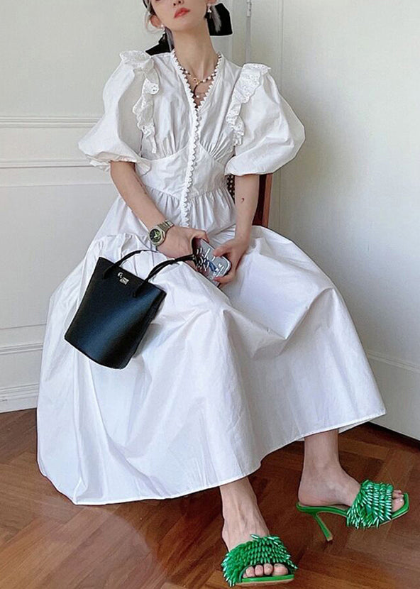 Loose White V Neck Wrinkled Hollow Out Cotton Dress Summer XX071 SH-LF-SDL240611