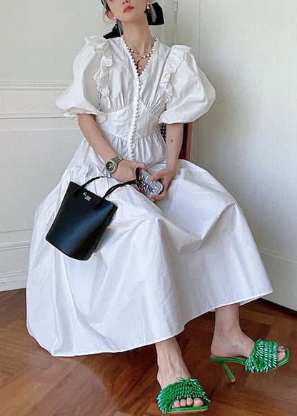 Loose White V Neck Wrinkled Hollow Out Cotton Dress Summer XX071 SH-LF-SDL240611