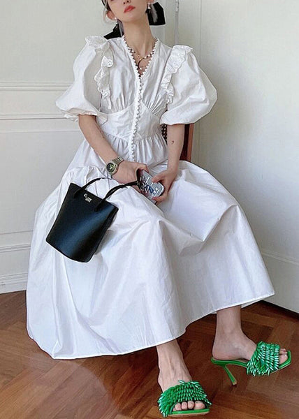 Loose White V Neck Wrinkled Hollow Out Cotton Dress Summer XX071 SH-LF-SDL240611