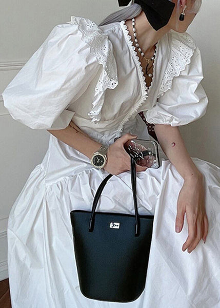 Loose White V Neck Wrinkled Hollow Out Cotton Dress Summer XX071 SH-LF-SDL240611