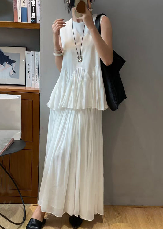 White Chiffon Set Two-Piece Loose Sleeveless Solid Wrinkled FashionChic