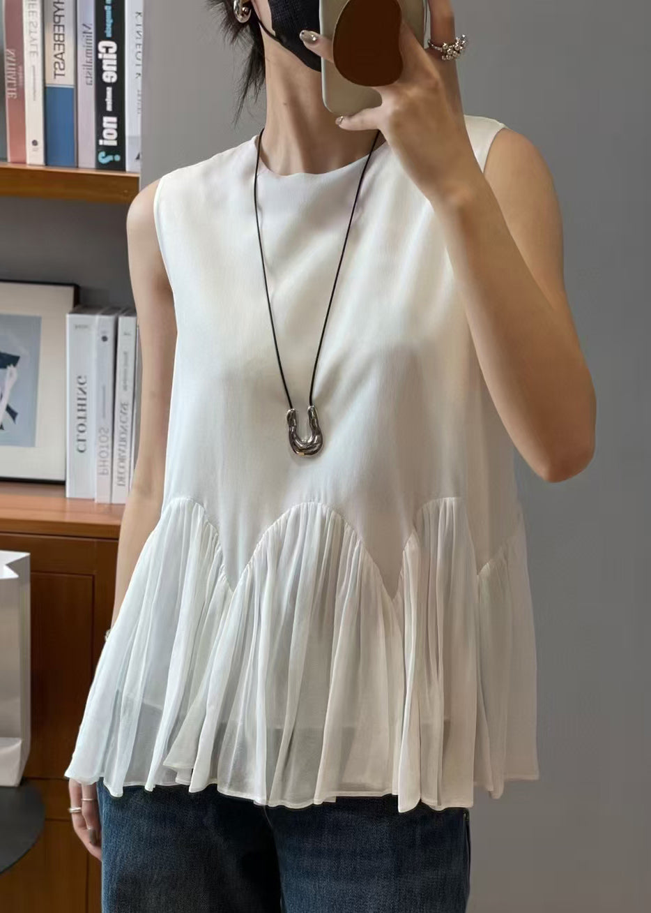 White Chiffon Set Two-Piece Loose Sleeveless Solid Wrinkled FashionChic
