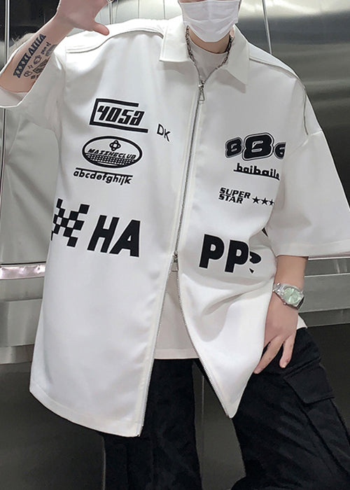 Shirt White Sleeve Up Mens Loose Letter Zip Half Cotton FashionChic