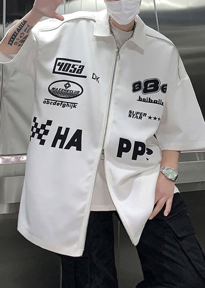 Shirt White Sleeve Up Mens Loose Letter Zip Half Cotton FashionChic