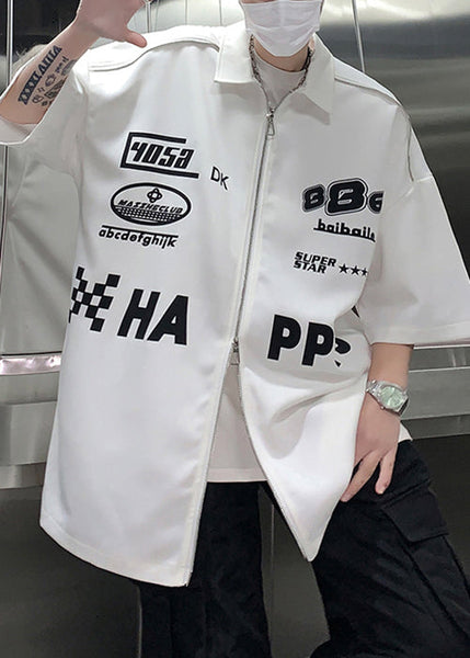 Shirt White Sleeve Up Mens Loose Letter Zip Half Cotton FashionChic