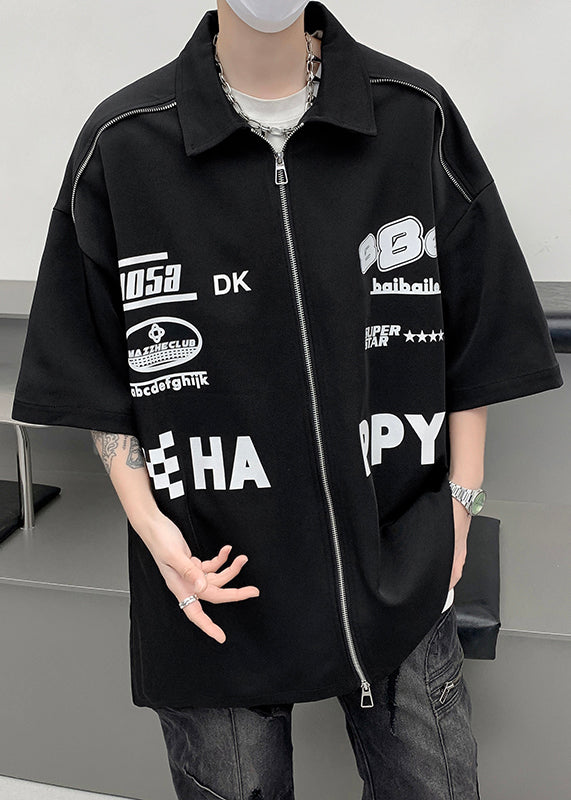 Shirt White Sleeve Up Mens Loose Letter Zip Half Cotton FashionChic