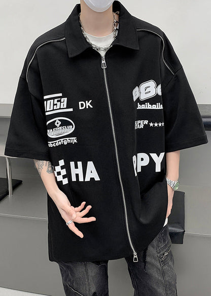 Shirt White Sleeve Up Mens Loose Letter Zip Half Cotton FashionChic