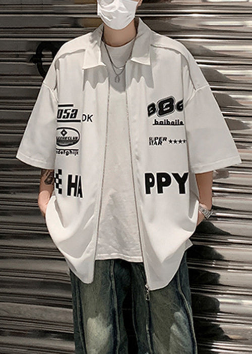 Shirt White Sleeve Up Mens Loose Letter Zip Half Cotton FashionChic