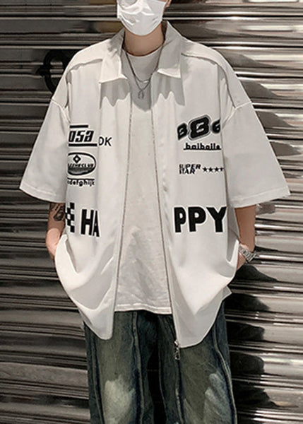 Shirt White Sleeve Up Mens Loose Letter Zip Half Cotton FashionChic