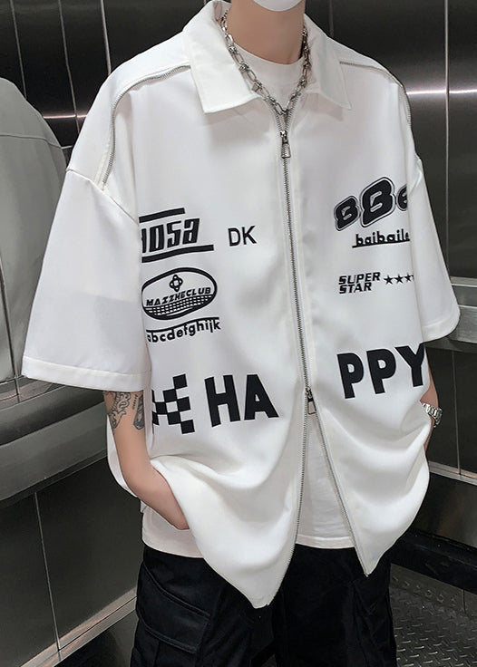 Shirt White Sleeve Up Mens Loose Letter Zip Half Cotton FashionChic