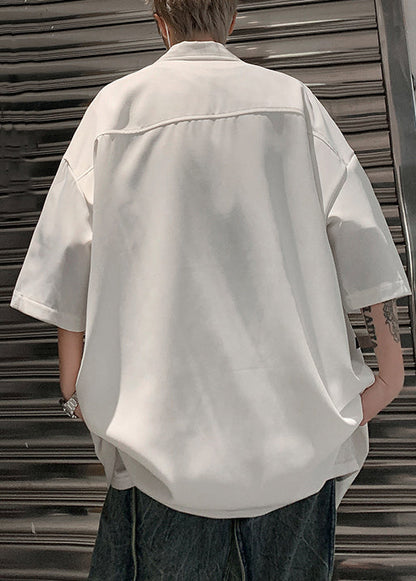 Shirt White Sleeve Up Mens Loose Letter Zip Half Cotton FashionChic