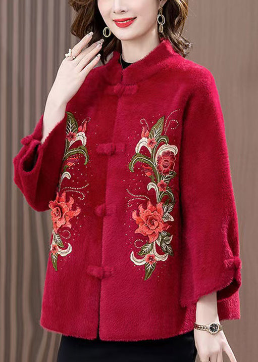 Loose Wine Red Embroidered Button Mink Velvet Coats Spring RZ016 ABC