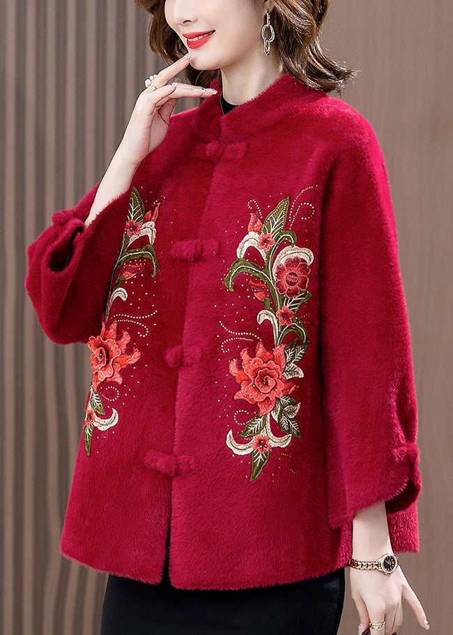 Loose Wine Red Embroidered Button Mink Velvet Coats Spring RZ016 ABC