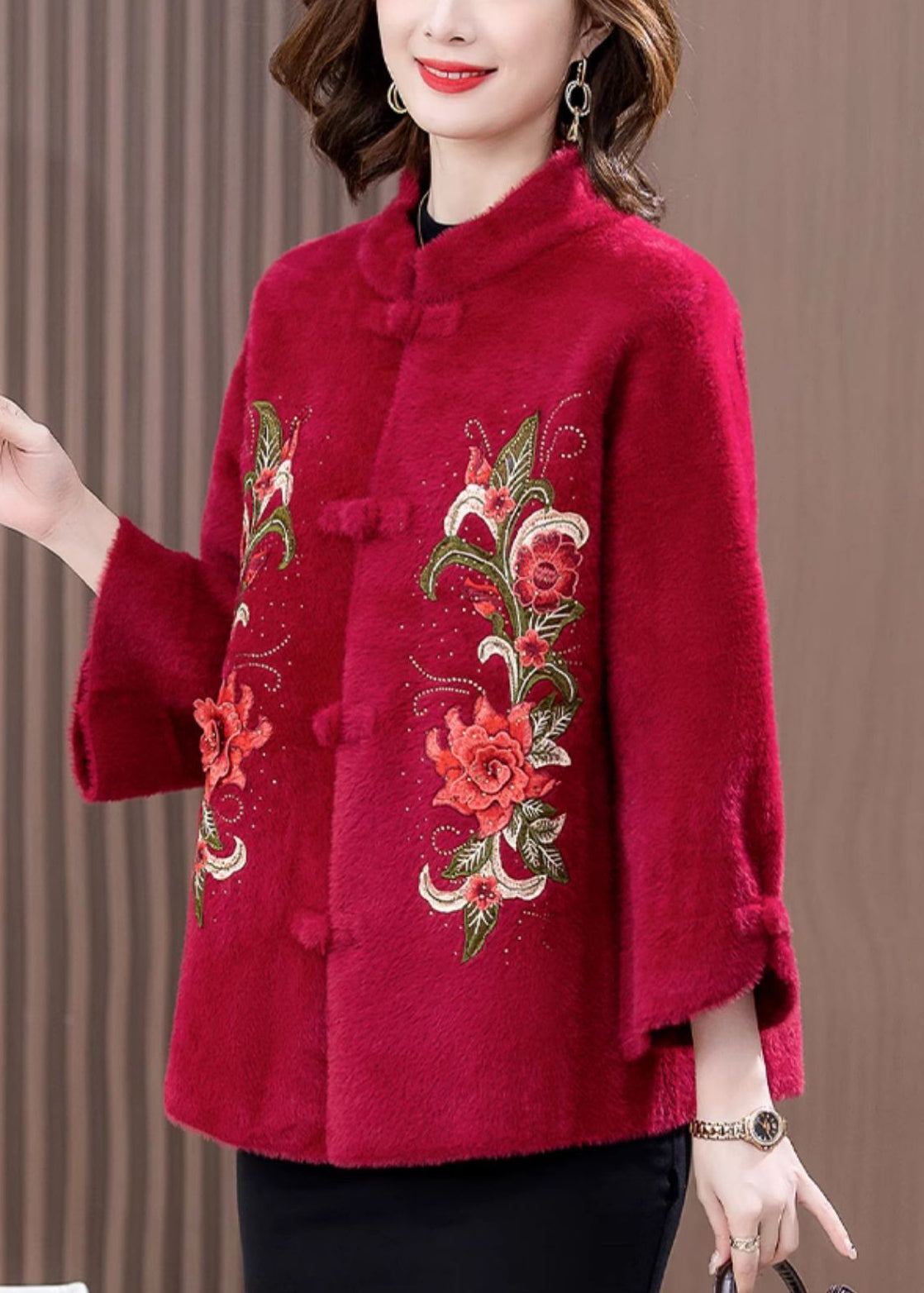 Loose Wine Red Embroidered Button Mink Velvet Coats Spring RZ016 ABC