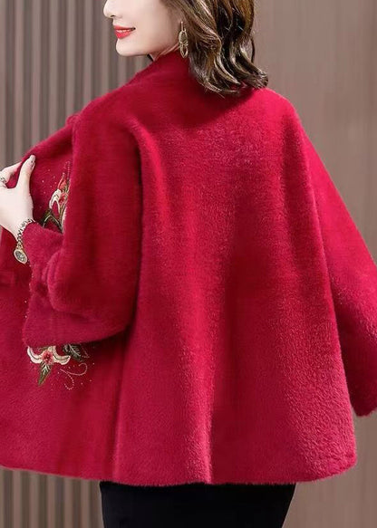 Loose Wine Red Embroidered Button Mink Velvet Coats Spring RZ016 ABC