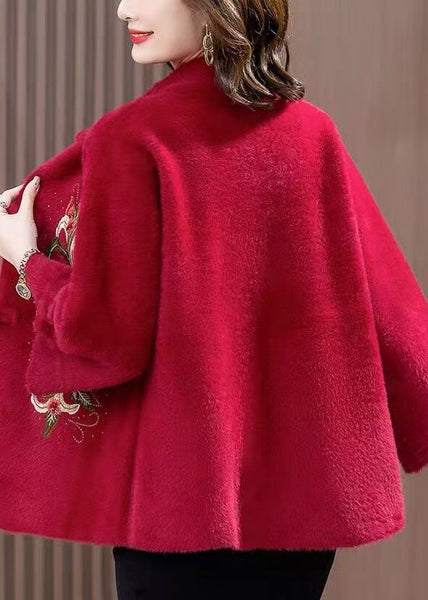 Loose Wine Red Embroidered Button Mink Velvet Coats Spring RZ016 ABC