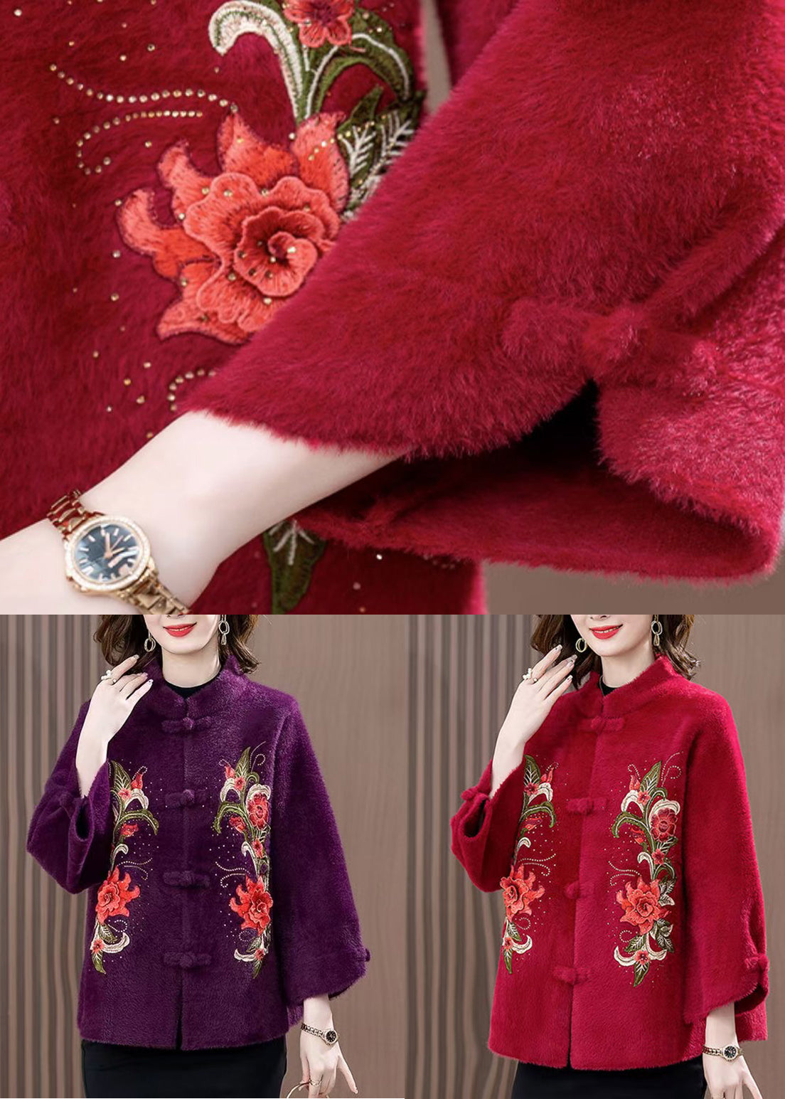 Loose Wine Red Embroidered Button Mink Velvet Coats Spring RZ016 ABC